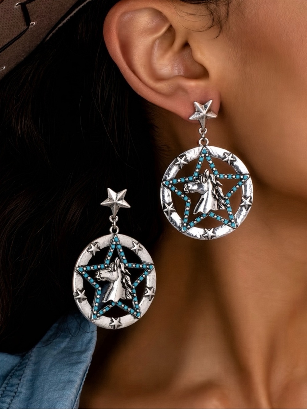 Texas Star - Western Horse Star Dangle Earrings | Turquoise Look Cowgirl Boho